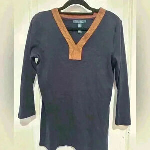 Lauren Ralph Lauren Faux Suede Collar Trim Long Sleeve Tunic Black Knit